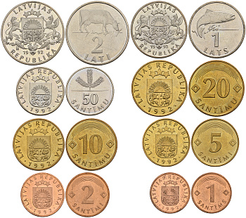 Латвия лот из 8 монет 1992 1, 2, 5, 10, 20, 50 сантим (сантимов), 1 и 2 лата KM 12-17, 21 и 22.1   UNC  N5-39