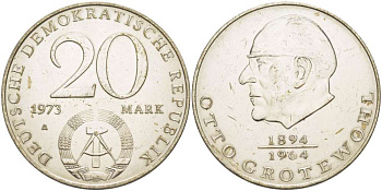 ГДР 20 марок 1973 А, Отто Гротеволь (1894-1964) KM 47 медно-никель 4521-534