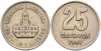Аргентина 25 сентаво 1994 ратуша Буэнос-Айреса KM 110a, CJ 4.3.3, Schon 111a медно-никель    60-423