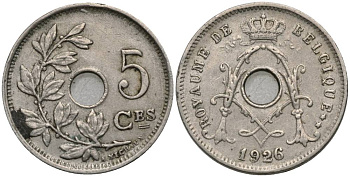 БЕЛЬГИЯ 5 САНТИМОВ 1926 BELGIQUE, АЛЬБЕРТ I (1909-1934) KM 66 медно-никель 4548-1251