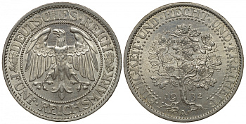 Германия 5 марок 1932 A, Дуб. Единство, справедливость, свобода, цена по каталогу МТ 400 евро J. 331, KM 56 серебро UNC 00-804-11