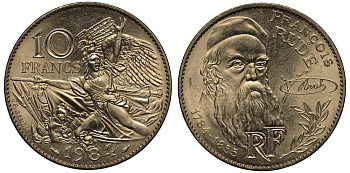 ФРАНЦИЯ 10 ФРАНКОВ 1984 ФРАНЦУА РУДЕ KM 954 никель латунь UNC 1524-1124