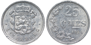 Люксембург 25 сантимов 1954 KM 45a.1 алюминий 4164-348