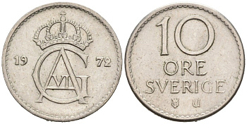 Швеция 10 эре 1972 Густав VI Адольф (1950-1973) KM 835 медно-никель 4564-748