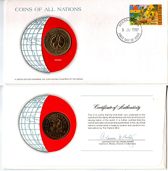 Гана 50 песев 1979 год-тип, конверт с маркой первого дня гашения, Coins of Nations KM 18 алюминиевая бронза UNC 4295-10-2