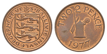Гернси 2 пенса 1977 Елизавета II (1952-2022), ветряная мельница KM 28 бронза    4660-151
