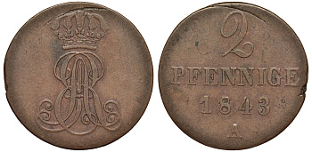 Ганновер 2 пфеннига 1843 A, Эрнст Август (1837-1851) KM 174.1, AKS 122, J. 55 медь 75-1743
