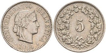 Швейцария 5 раппенов 1954 В KM 26 медно-никель 4594-618