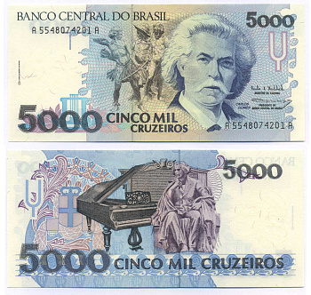 Бразилия 5000 крузейро ND (1990-1993) серия А 5548, Карлось Гомес, музыкант, рояль Pick 232с бумага UNC (пресс) 8595-36-2-2