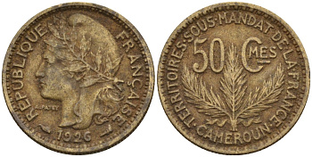 Камерун 50 сантимов 1926 (a), мондвор Париж KM 1 алюминиевая бронза 4169-655
