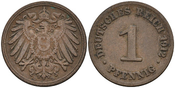 Германия 1 пфенниг 1912 D KM 10, J. 10 медь 4576-243