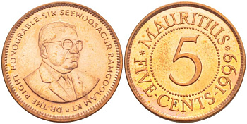 Маврикий 5 центов 1999 Сивусагур Рамгулам KM 52 сталь плакированная медью 4544-254