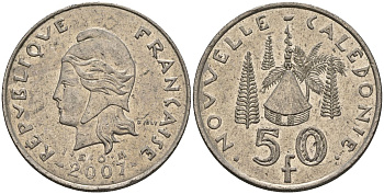 Французская Новая Каледония 50 франков 2007 хижина среди сосен и пальм, (IEOM) KM 13a, Schoen 15a, Lec 128i медно-никель 4144-1246