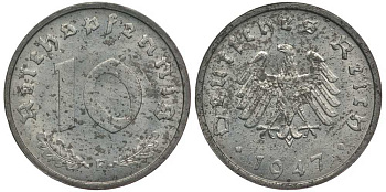 Германия 10 рейхспфеннигов 1947 F, оккупация Германии союзными войсками J. 375, KM A104 цинк UNC 4127-1232