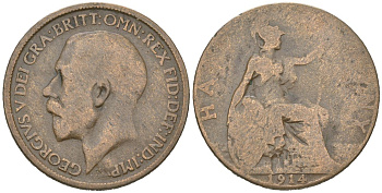 Великобритания 1/2 пенни 1914 Георг V (1910-1936) KM 809, Spink 4056 бронза 4616-727