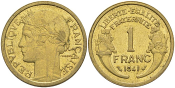 ФРАНЦИЯ 1 ФРАНК 1941 ТИП MORLON KM 885, LE FRANC 219.12 алюминиевая бронза 3853-226