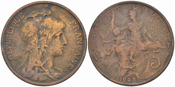 ФРАНЦИЯ 5 САНТИМОВ 1908 ТИП ДАНИЭЛЬ ДЮПЮИ KM 842, LE FRANC 119.19 бронза 108-911