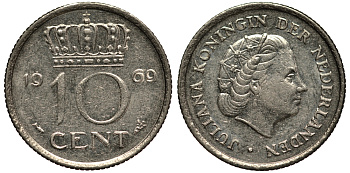 Нидерланды 10 центов 1969 Юлиана (1948-1980) KM 182 никель VF 4181-122