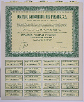 Испания акция на 1000 песет 1973 Fomento Inmobiliario del Panades, S.A., Барселона 1973, с купонами бумага 5544-19