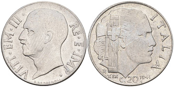 ИТАЛИЯ 20 ЧЕНТЕЗИМО 1941 R, ГОД XIX, ВИКТОР ЭММАНУИЛ III (1900-1946) KM 75b, VEM3. 1028 нержавеющая сталь 3853-915