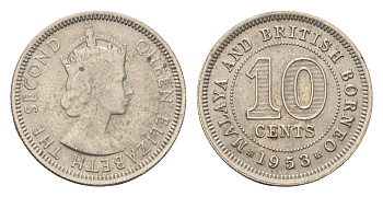 Британская Малайя 10 центов 1953 Елизавета II (1952-2022) KM 2 медно-никель 4659-1237