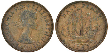 Великобритания 1/2 пенни 1957 Елизавета II (1952-2022) KM 896, Spink 4158 бронза 4681-536