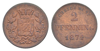 Бавария 2 пфеннига 1871 Людвиг II (1864-1886) KM 857 медь 4649-513