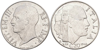 ИТАЛИЯ 20 ЧЕНТЕЗИМО 1941 R, ГОД XIX, ВИКТОР ЭММАНУИЛ III (1900-1946) KM 75b, VEM3. 1028 нержавеющая сталь 3853-612