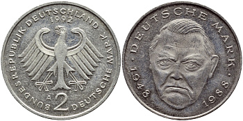 ФРГ 2 МАРКИ 1992 A, ЭРХАРД ЛЮДВИГ КМ 170 J.445 медно-никель плакированный никелем 80-333