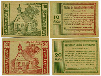 Австрия, Нидернойкирхен набор из 2 банкнот 10 и 20 геллеров 1920 24 апреля 1920 - 31 декабря 1920, нотгельд, коммуна в земле Верхняя Австрия   бумага  UNC (пресс) 7555-27-2-1