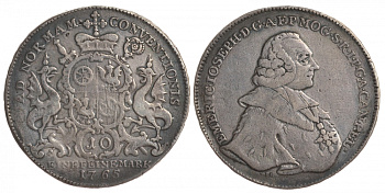 Майнц 1 талер 1765 Эммерих Йозеф фон Брайдбах-Бюрресхайм Dav. 2424, Slg. Walther 596 серебро 00-806-68