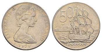 Новая Зеландия 50 центов 1979 Елизавета II (1952-2022), парусник Индевор KM 37.1 медно-никель 4645-1146