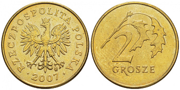 ПОЛЬША 2 ГРОША 2007 MW KM 277 латунь UNC 4516-1143