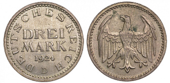 Германия 3 марки 1924 D, Веймарская Республика Weege 19, J. 312, KM 43 серебро aUNC 00-818-37