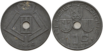 Бельгия 10 сантимов 1946 Belgie - Belgique, Леопольд III (1934-1947), германская оккупация, Вторая мировая война KM 126 цинк 4161-354