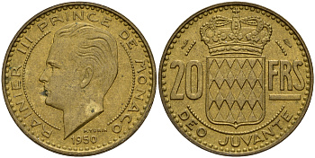Монако 20 франков 1950 Ренье III (1949-2005) KM 131 алюминиевая бронза    4601-833