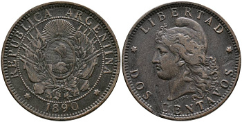Аргентина 2 сентаво 1890 голова свободы влево KM 8 бронза 4531-932
