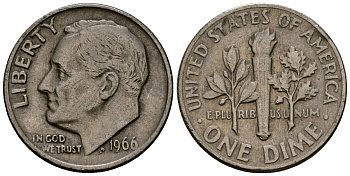 США 10 центов (дайм) 1966 Рузвельт KM 195a медь плакированная медно-никелем 4164-925