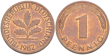 ФРГ 1 ПФЕННИГ 1987 G KM 105, J. 380 сталь плакированная медью 4181-665