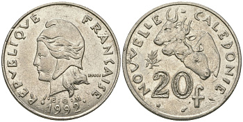 Французская Новая Каледония 20 франков 1992 три быка, (IEOM) KM 12, Schoen 14, Lec 115 никель 81-243