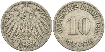 ГЕРМАНИЯ 10 ПФЕННИГОВ 1893 А KM 12, J. 13 медно-никель 210-626