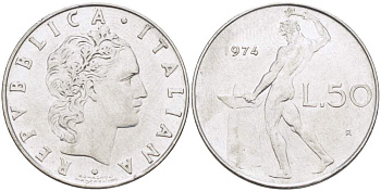ИТАЛИЯ 50 ЛИР 1974 R, КУЗНЕЦ, ВУЛКАН БОГ ОГНЯ, ДИАМЕТР 25 ММ. KM 95.1 нержавеющая сталь 113-322
