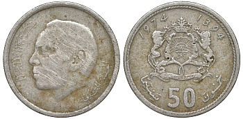 Марокко 50 сантимов 1974 АН 1394, Аль Хассан II (1962-1999) KM 62 медно-никель 216-215