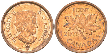 Канада 1 цент 2011 Елизавета II, кленовый лист KM 490 цинк плакированная медью 4611-512
