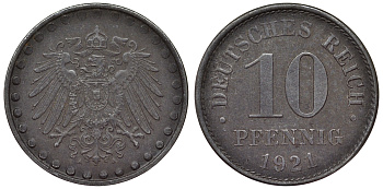 Германия 10 пфеннигов 1921 A KM 20, J. 298 железо 4119-121