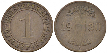 ГЕРМАНИЯ 1 РЕЙХСПФЕННИГ 1930 A KM 37, J. 313 бронза 110-224