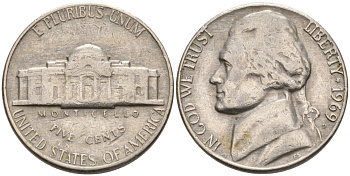 США 5 центов 1969 D, Джефферсон KM А192 медно-никель 92-1145
