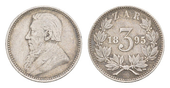 ЮАР 3 пенса 1895 ZAR, Трансвааль, Крюгер KM 3 серебро 4655-245