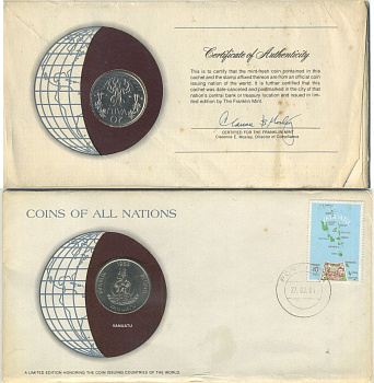 Вануату 20 вату 1983 конверт с маркой первого дня гашения, Coins of Nations KM 7 медно-никель UNC 8-2-06-23