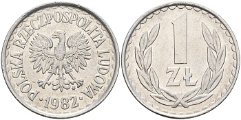 Польша 1 злотый 1982 MW KM 49.1 алюминий    4161-137